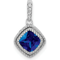 14K White Gold Cushion Sapphire and Diamond Pendant with Side Diamond Detail - 0.45 Carat Sapphire, 0.04 Carat Diamond Total Weight by Lumare Gioia