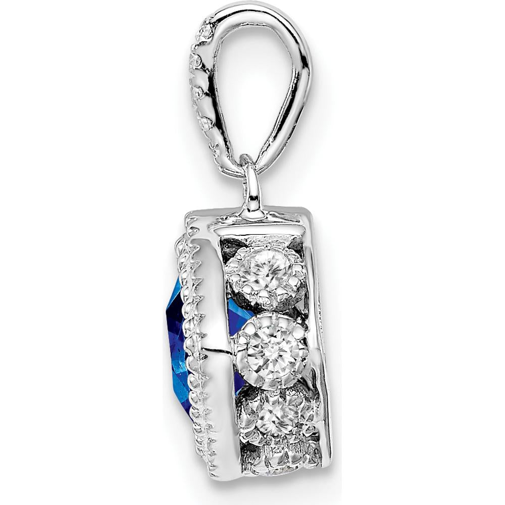 14K White Gold Cushion Sapphire and Diamond Pendant with Side Diamond Detail - 0.45 Carat Sapphire, 0.04 Carat Diamond Total Weight by Lumare Gioia