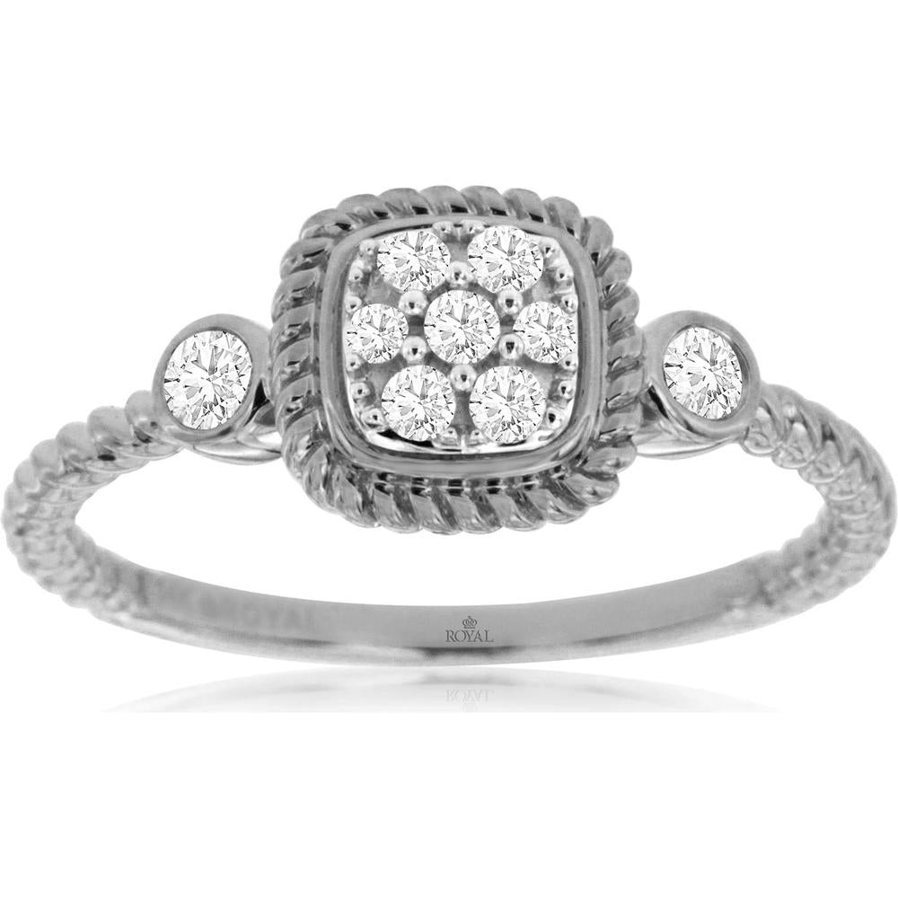 14K White Gold Cushion Shape Diamond Cluster Ring with Rope Twist Detail and Bezel Set Side Stones - 0.19 Carat Total Diamond Weight - Royal Jewelry