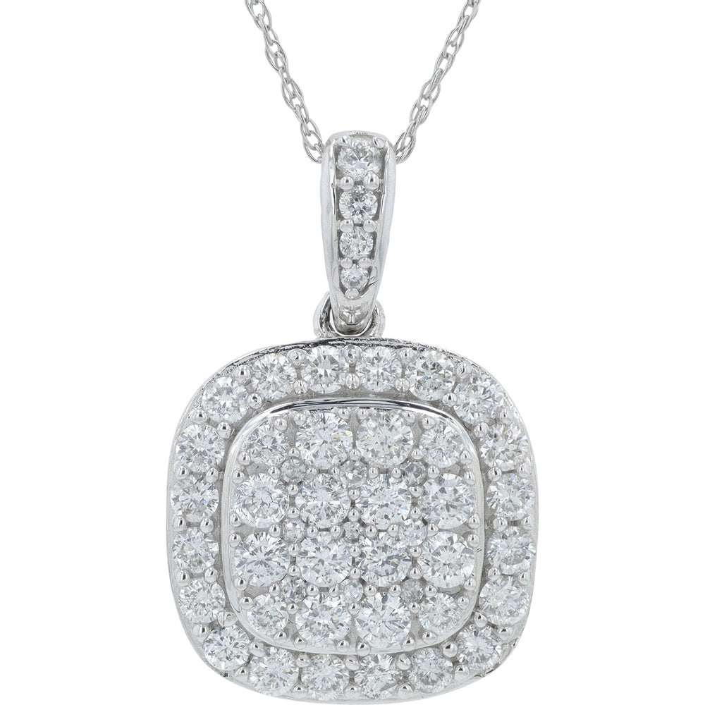 14K White Gold Cushion-Shaped Diamond Cluster Pendant with Halo Setting and Pavé Bail - 1.00 Carat Total Diamond Weight