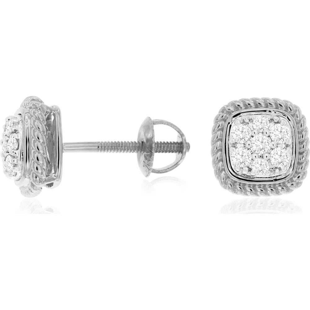 14K White Gold Cushion-Shaped Diamond Cluster Stud Earrings with Milgrain Border and Screw Backs - 0.20 Carat Total Weight - Royal Jewelry