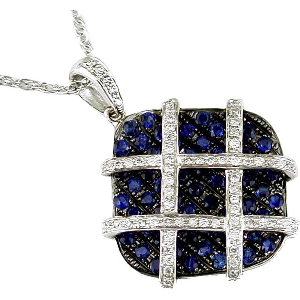 14K White Gold Cushion-Shaped Geometric Pendant with 1.35 Carat Round Blue Sapphires and 0.20 Carat Round Diamond Grid - Royal Jewelry