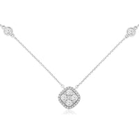 14K White Gold Cushion-Shaped Halo Pendant Necklace with Bezel-Set Diamond Stations - 1.00 Carat Total Diamond Weight - Royal Jewelry