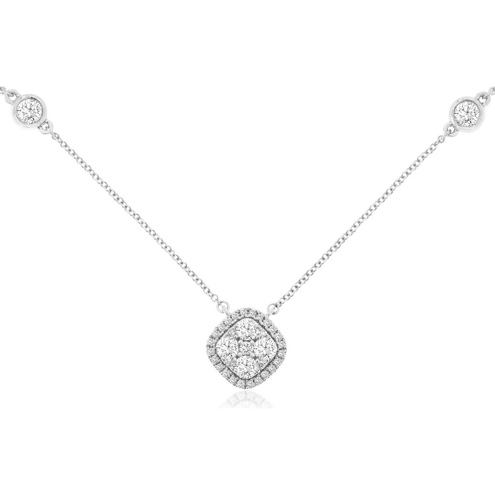 14K White Gold Cushion-Shaped Halo Pendant Necklace with Bezel-Set Diamond Stations - 1.00 Carat Total Diamond Weight - Royal Jewelry