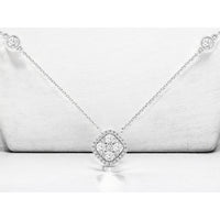 14K White Gold Cushion-Shaped Halo Pendant Necklace with Bezel-Set Diamond Stations - 1.00 Carat Total Diamond Weight - Royal Jewelry