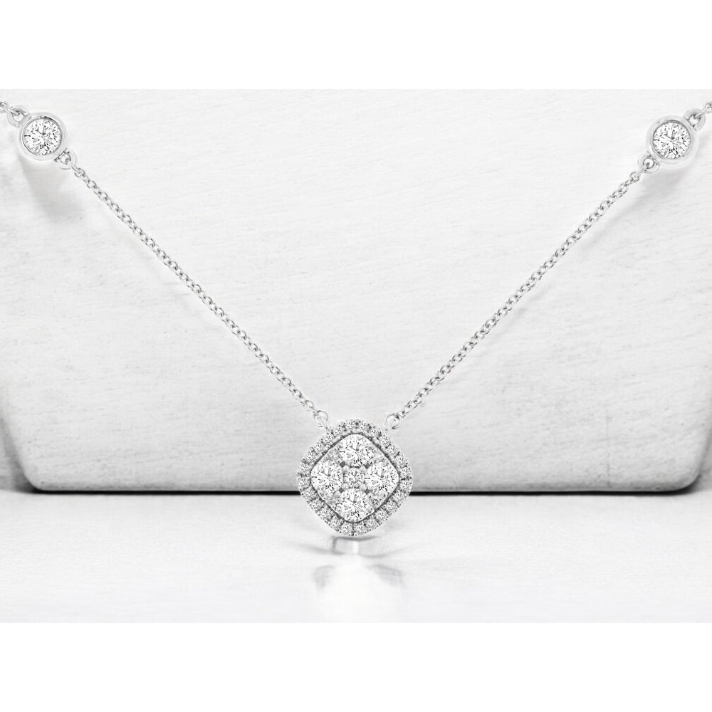 14K White Gold Cushion-Shaped Halo Pendant Necklace with Bezel-Set Diamond Stations - 1.00 Carat Total Diamond Weight - Royal Jewelry