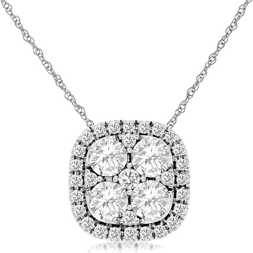 14K White Gold Cushion-Shaped Halo Pendant Necklace with Cluster-Set Round Brilliant Diamonds - 1.00 Carat Total Diamond Weight - Royal Jewelry