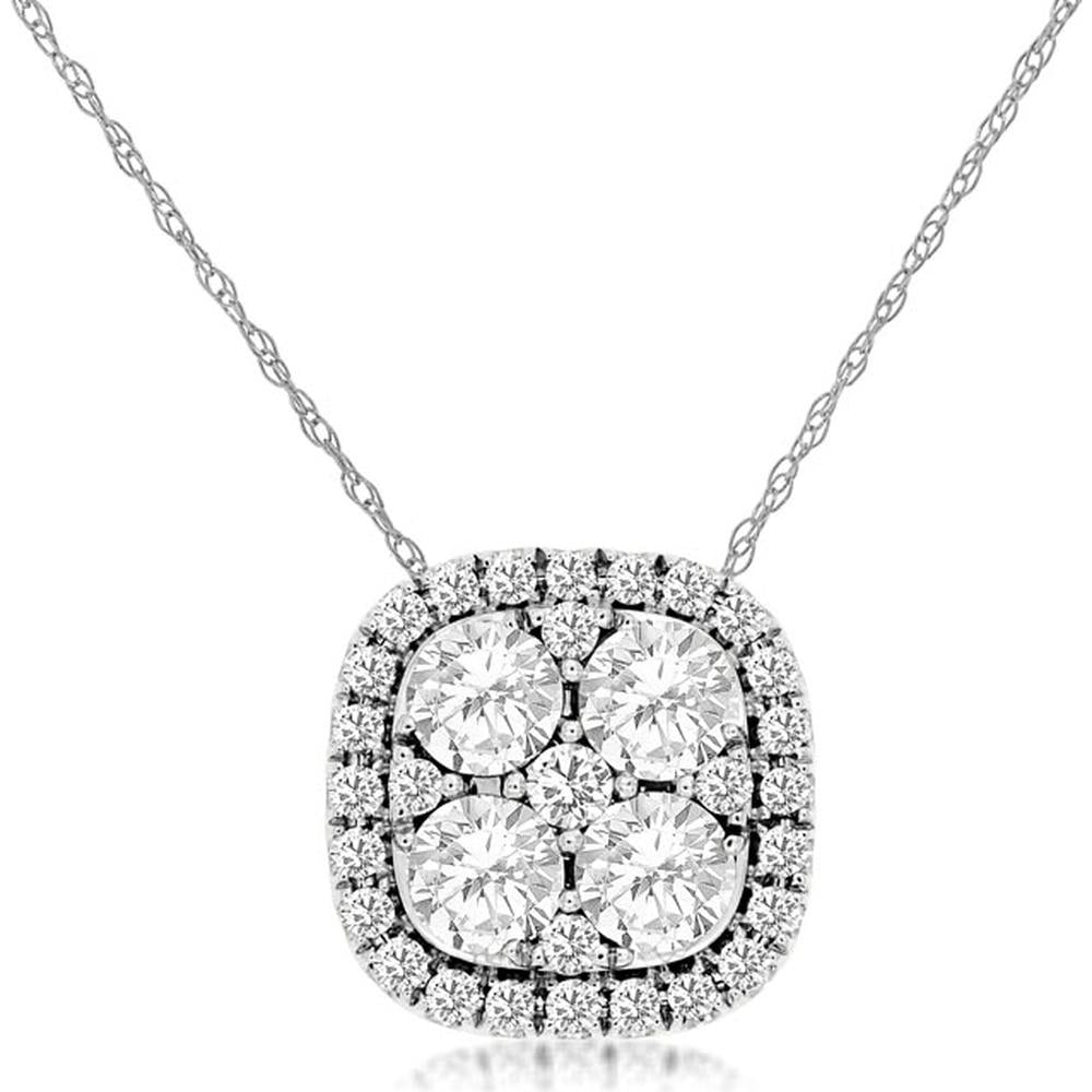 14K White Gold Cushion-Shaped Halo Pendant with Cluster Set Round Diamonds - 0.50 Carat Total Diamond Weight - Royal Jewelry