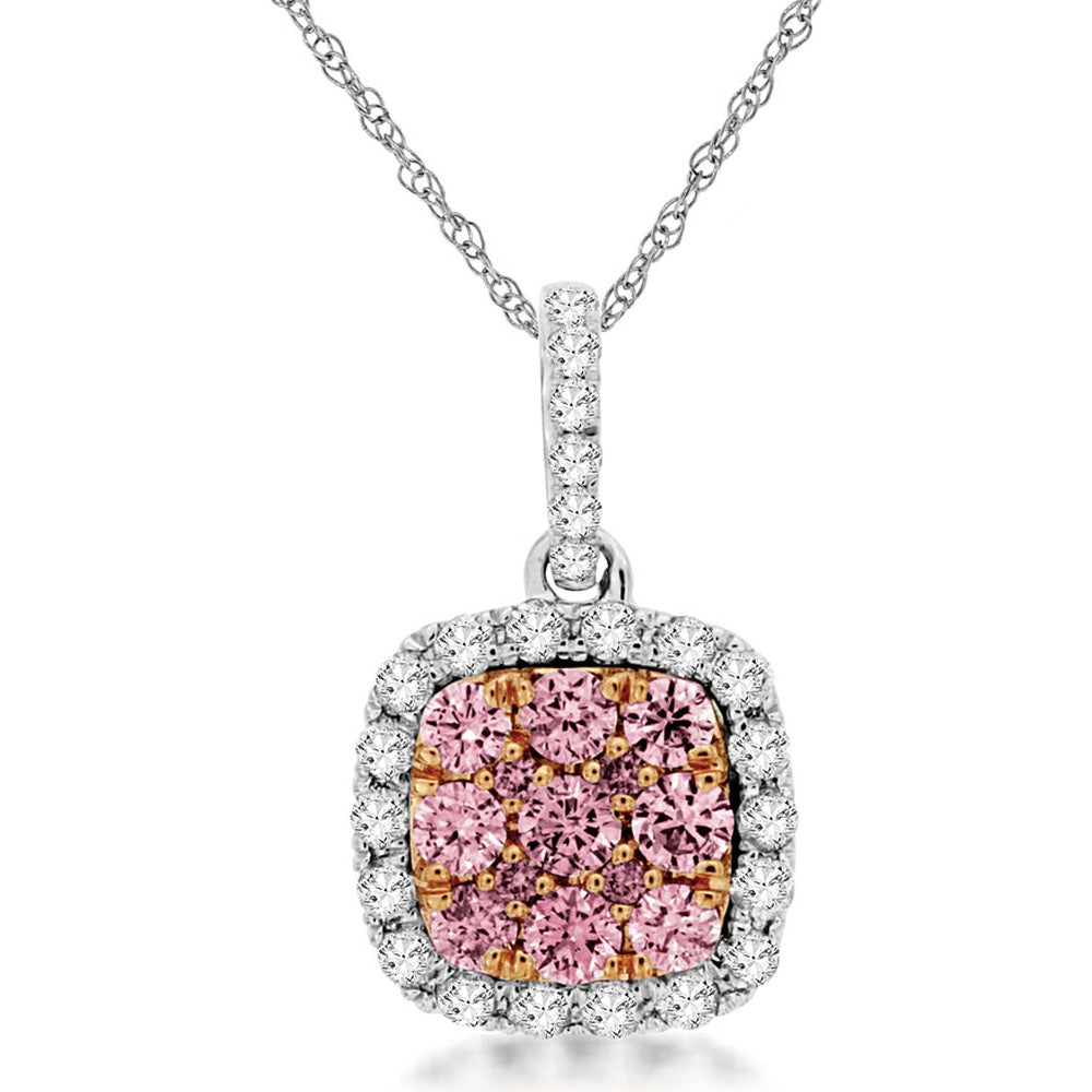 14K White Gold Cushion-Shaped Halo Pendant with Pink Diamond Cluster and White Diamond Accents - 0.28 Carat Pink Diamond and 0.22 Carat White Diamond Total Weight - Royal Jewelry