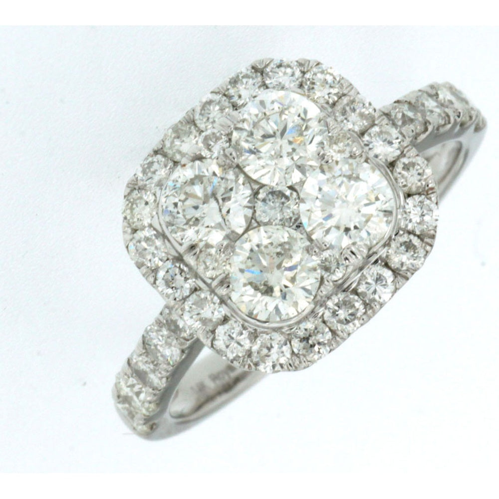 14K White Gold Cushion-Shaped Halo Ring with Round Brilliant Cut Diamond Cluster - 1.97 Carat Total Diamond Weight - Royal Jewelry