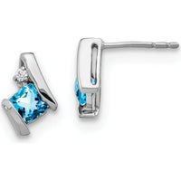 14K White Gold Cushion Sky Blue Topaz and Diamond Button Earrings - 0.025 Carat Total Diamond Weight by Oro Pregiato