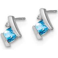 14K White Gold Cushion Sky Blue Topaz and Diamond Button Earrings - 0.025 Carat Total Diamond Weight by Oro Pregiato