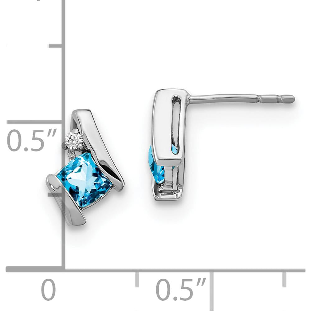 14K White Gold Cushion Sky Blue Topaz and Diamond Button Earrings - 0.025 Carat Total Diamond Weight by Oro Pregiato