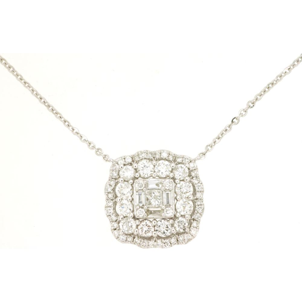 14K White Gold Cushion-Style Halo Pendant Necklace with Round and Baguette Diamonds - 1.21 Carat Total Diamond Weight - Royal Jewelry