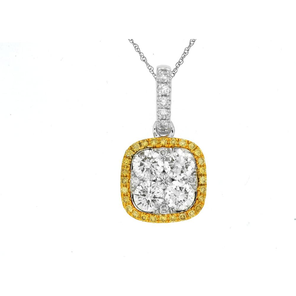 14K White Gold Cushion-Style Pendant with White Diamonds and Yellow Diamond Halo - 1.12 Carat White Diamonds and 0.13 Carat Yellow Diamonds - Royal Jewelry