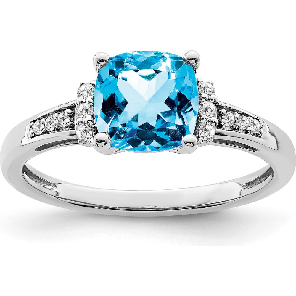 14K White Gold Cushion Swiss Blue Topaz and Diamond Ring - 1.795 Carat Topaz, 0.015 Carat Total Diamond Weight by 0