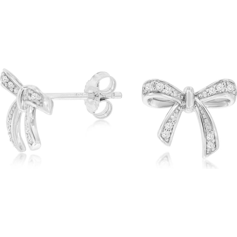 14K White Gold Delicate Diamond Bow Stud Earrings with Pavé Set Round Stones - 0.10 Carat Total Diamond Weight - Royal Jewelry