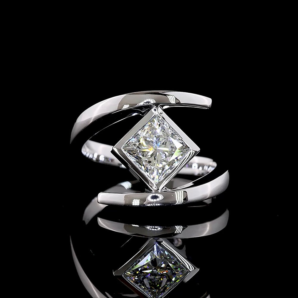 14K White Gold Diagonal Bezel Set Princess Cut Lab Diamond Solitaire Ring - 1.51 Carat Total Weight - Covaloro Fine Jewelry