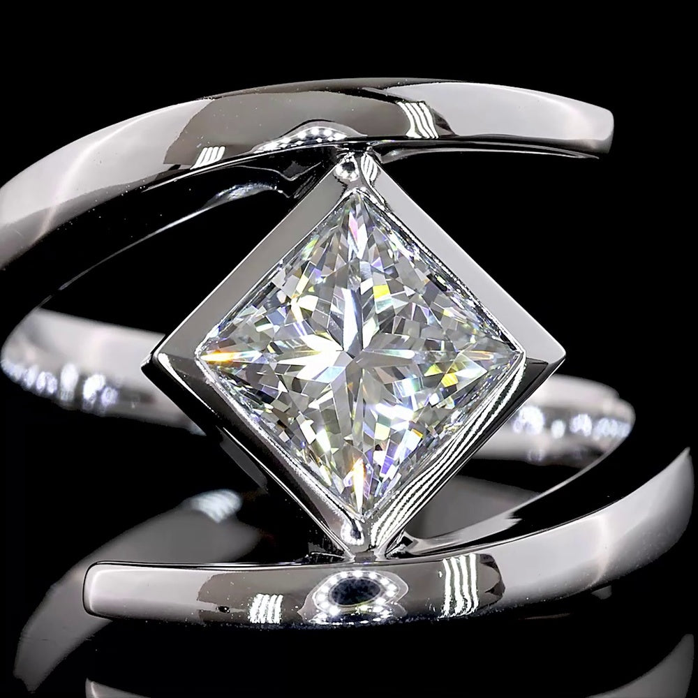14K White Gold Diagonal Bezel Set Princess Cut Lab Diamond Solitaire Ring - 1.51 Carat Total Weight - Covaloro Fine Jewelry