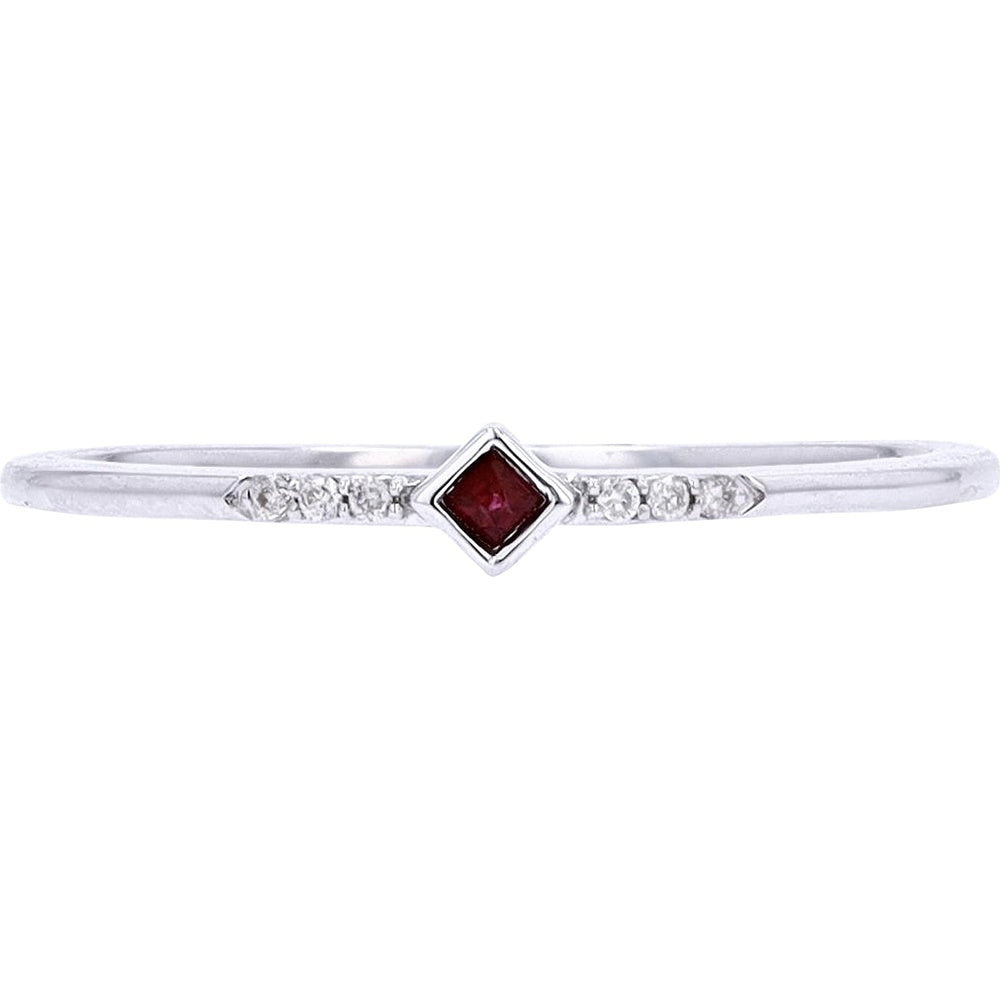 14K White Gold Diagonal Bezel-Set Stackable Ruby Ring with Diamond Accents - 0.02 Carat Total Diamond Weight