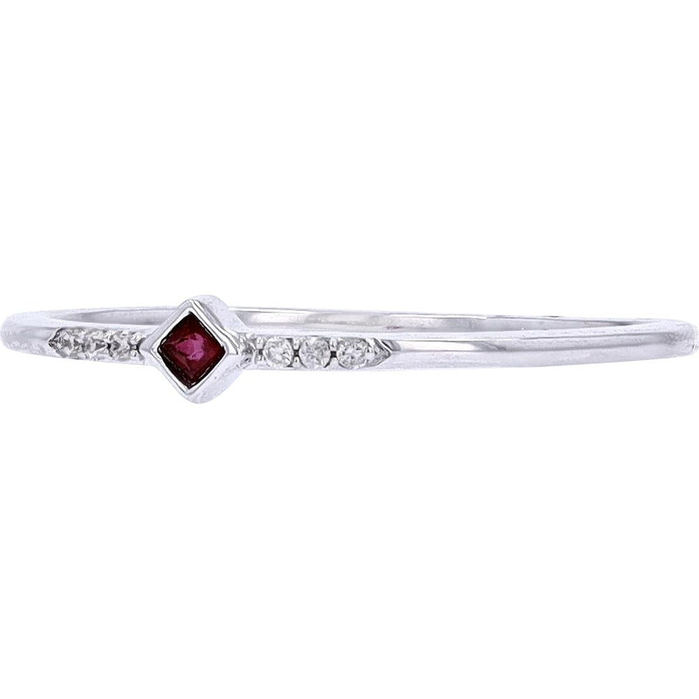 14K White Gold Diagonal Bezel-Set Stackable Ruby Ring with Diamond Accents - 0.02 Carat Total Diamond Weight