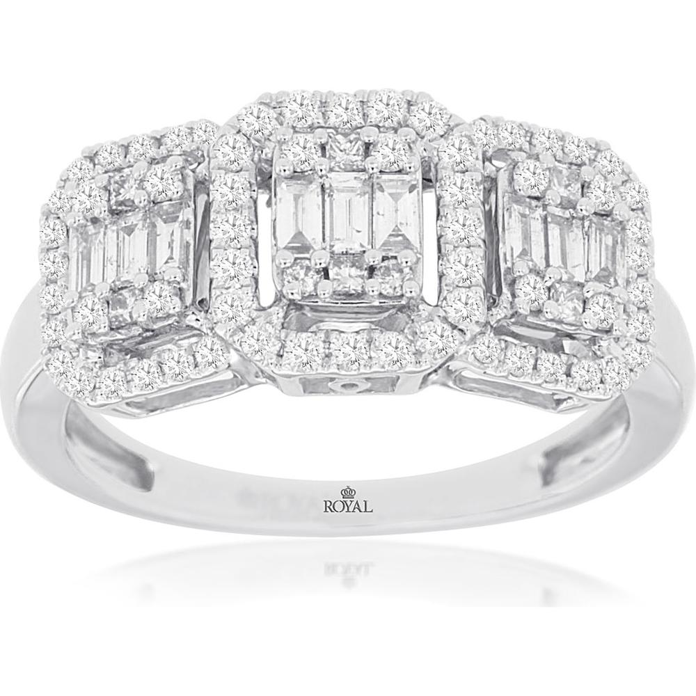 14K White Gold Diamond 3-Stone Halo Ring with Rectangular Cut Diamonds - 0.66 Carats Total Diamond Weight