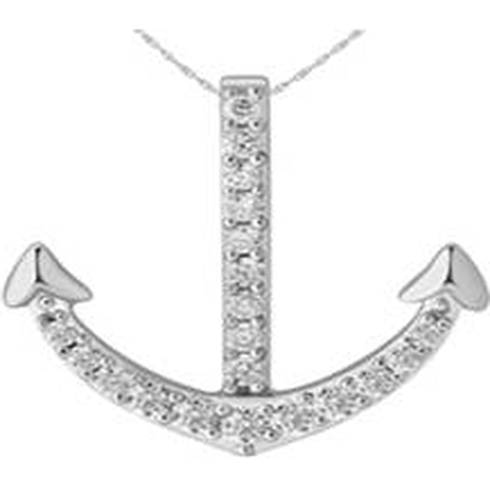 14K White Gold Diamond Accent Anchor Pendant Necklace with Channel-Set Round Diamonds - 0.08 Carat Total Diamond Weight - Royal Jewelry