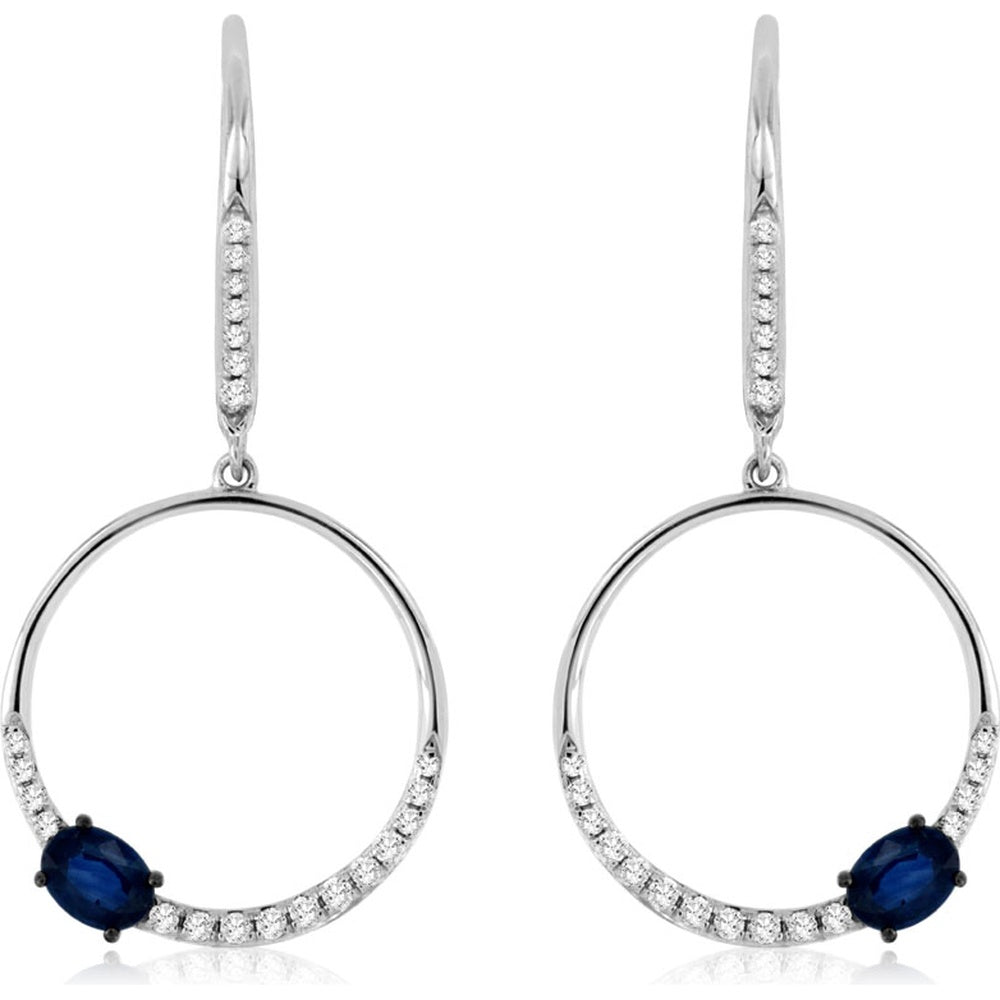 14K White Gold Diamond Accent Drop Earrings with Pave-Set Round Diamonds and Prong-Set Oval Blue Sapphires - 0.45 Carat Total Sapphire Weight and 0.18 Carat Total Diamond Weight - Royal Jewelry