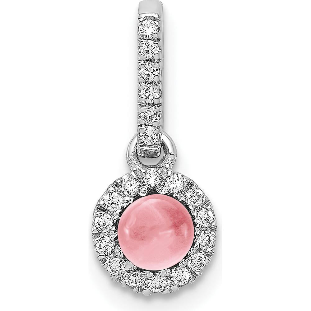 14K White Gold Diamond and 3.7mm Round Cabochon Pink Tourmaline Halo Pendant - 0.47 Carat Total Pink Tourmaline Weight by Monteluci Fine Jewelry
