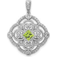 14K White Gold Diamond and 4mm Square Peridot Filigree Pendant - 0.39 Carat Peridot, 0.03 Carat Total Diamond Weight by Monteluci Fine Jewelry