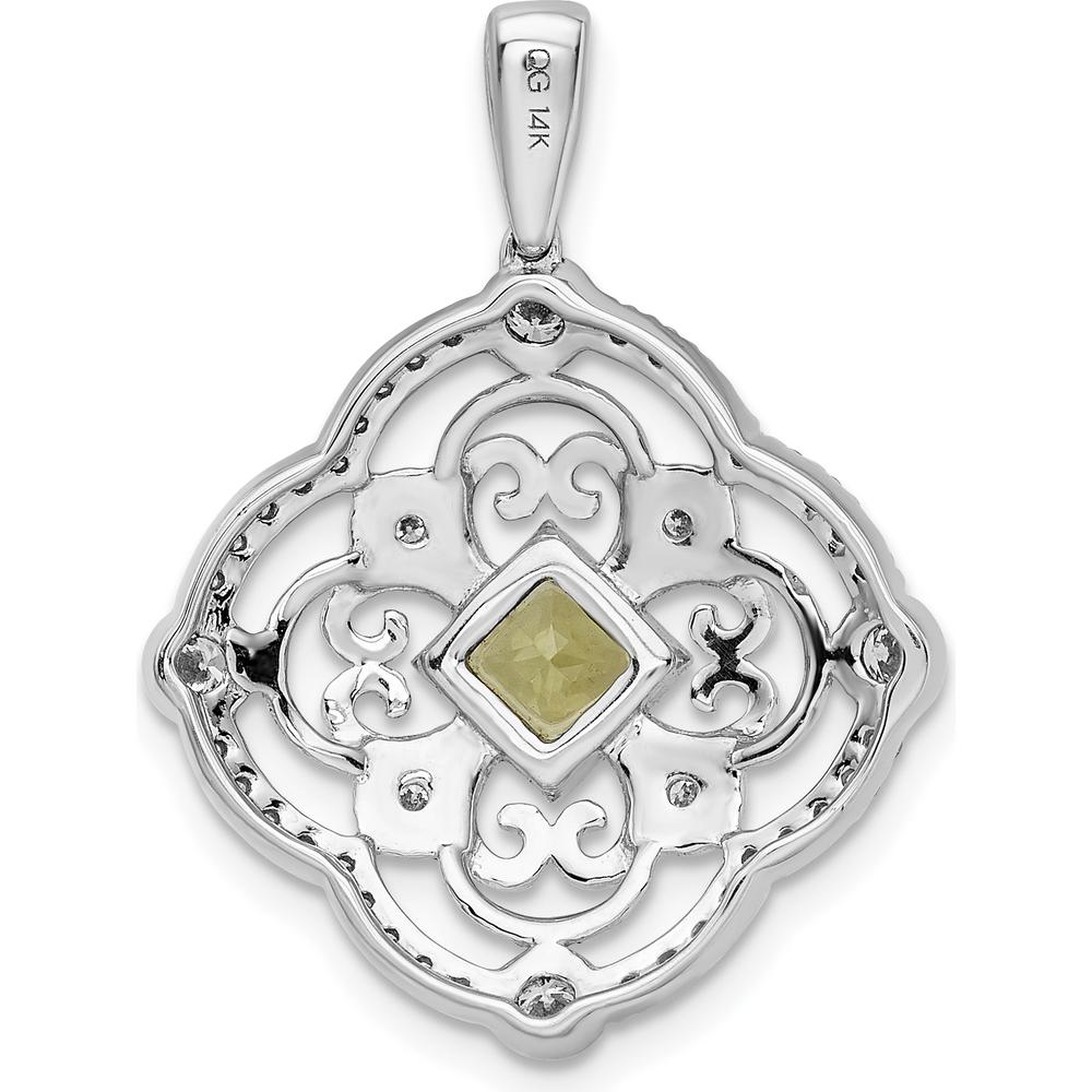 14K White Gold Diamond and 4mm Square Peridot Filigree Pendant - 0.39 Carat Peridot, 0.03 Carat Total Diamond Weight by Monteluci Fine Jewelry