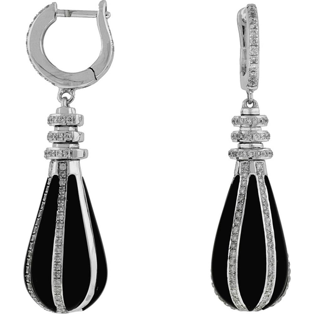 14K White Gold Diamond & Black Onyx Drop Earrings with Pear-Shaped Onyx and Round Diamonds - 0.80 Carats Total Diamond Weight