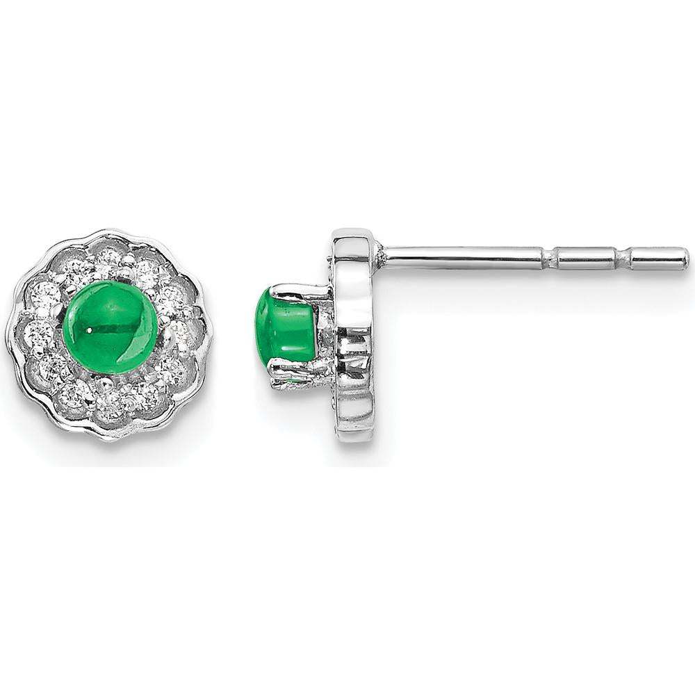 14K White Gold Diamond and Cabochon Emerald Button Earrings - 0.225 Carats Emerald, 0.096 Carats Total Diamond Weight by Monteluci Fine Jewelry