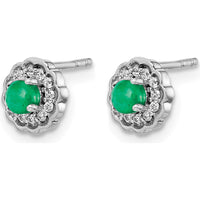 14K White Gold Diamond and Cabochon Emerald Button Earrings - 0.225 Carats Emerald, 0.096 Carats Total Diamond Weight by Monteluci Fine Jewelry