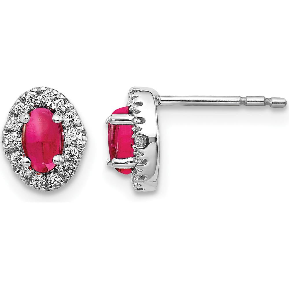14K White Gold Diamond and Cabochon Ruby Earrings - 0.35 Carats Ruby, 0.03 Carats Diamond Total Weight by Monteluci Fine Jewelry
