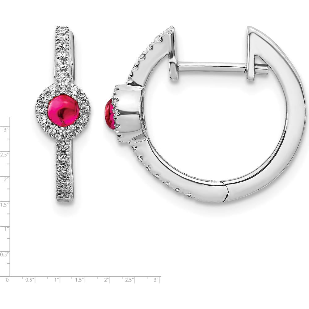 14K White Gold Diamond and Cabochon Ruby Hoop Earrings - 0.45 Carats Total Ruby Weight by Monteluci Fine Jewelry