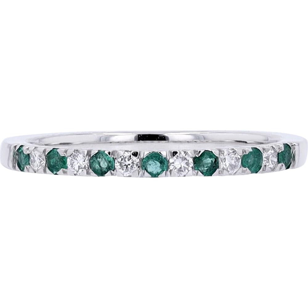 14K White Gold Diamond & Emerald Band with 0.16 Carat Total Gemstone Weight