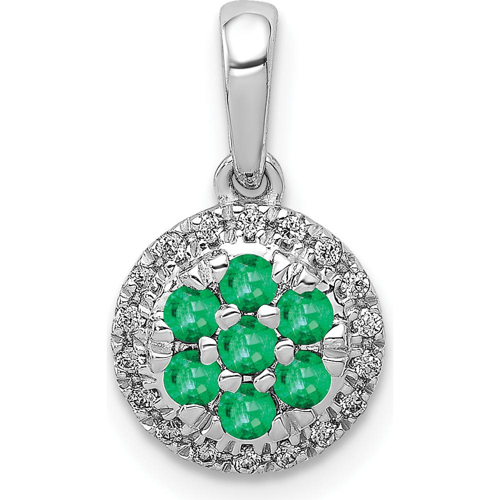 14K White Gold Diamond and Emerald Cluster Halo Pendant with 7 Round Emeralds and 18 Round Diamonds by Lumare Gioia