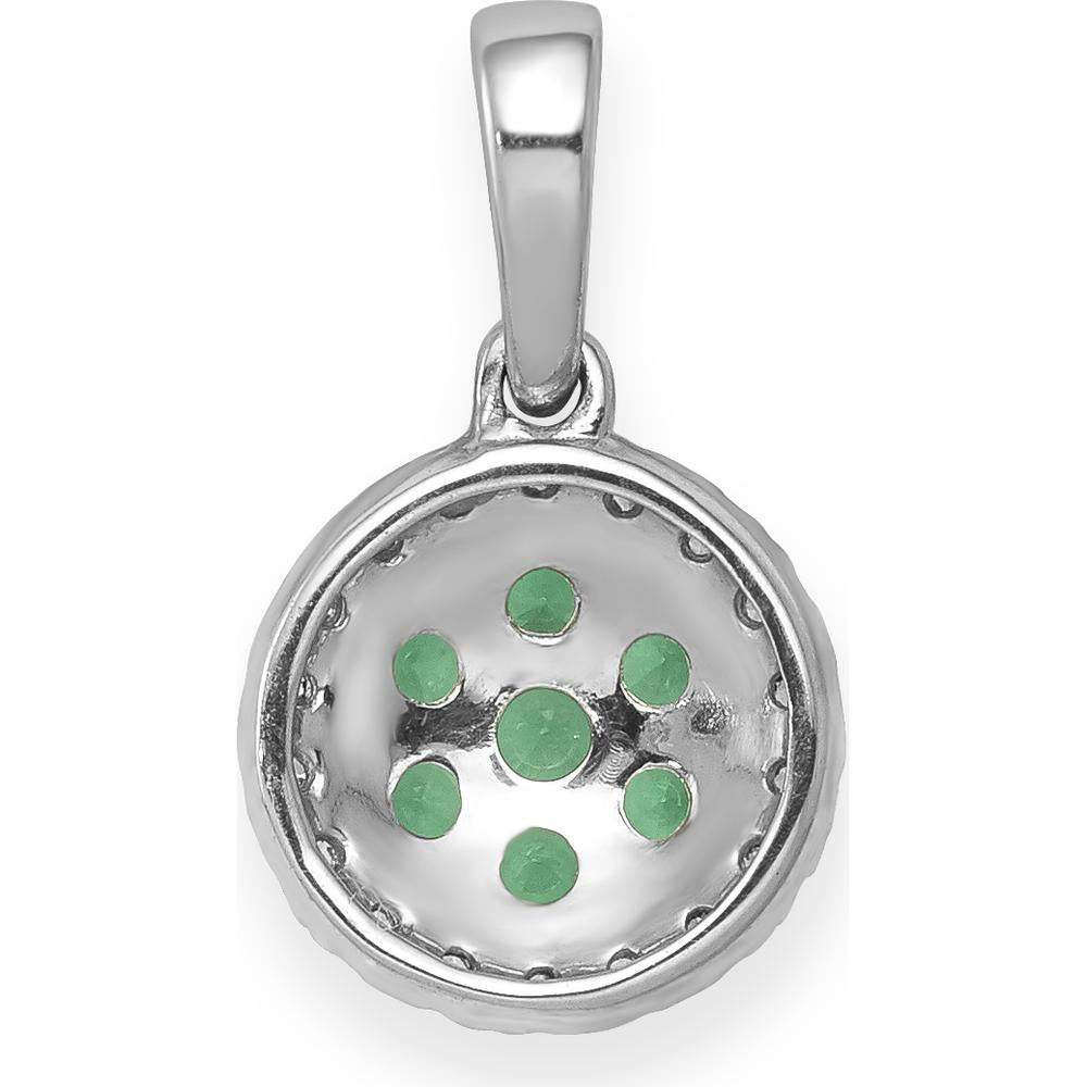 14K White Gold Diamond and Emerald Cluster Halo Pendant with 7 Round Emeralds and 18 Round Diamonds by Lumare Gioia