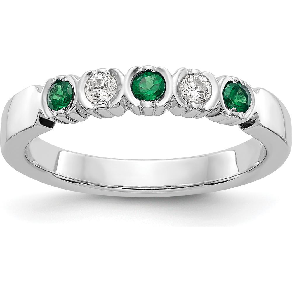 14K White Gold Diamond and Emerald Complete Band with Milgrain Detail - 0.10 Carat Total Diamond and Emerald Weight by 0