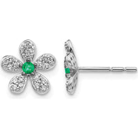 14K White Gold Diamond and Emerald Flower Earrings - 0.14 Carats Total Diamond Weight, 0.08 Carats Total Emerald Weight by Monteluci Fine Jewelry