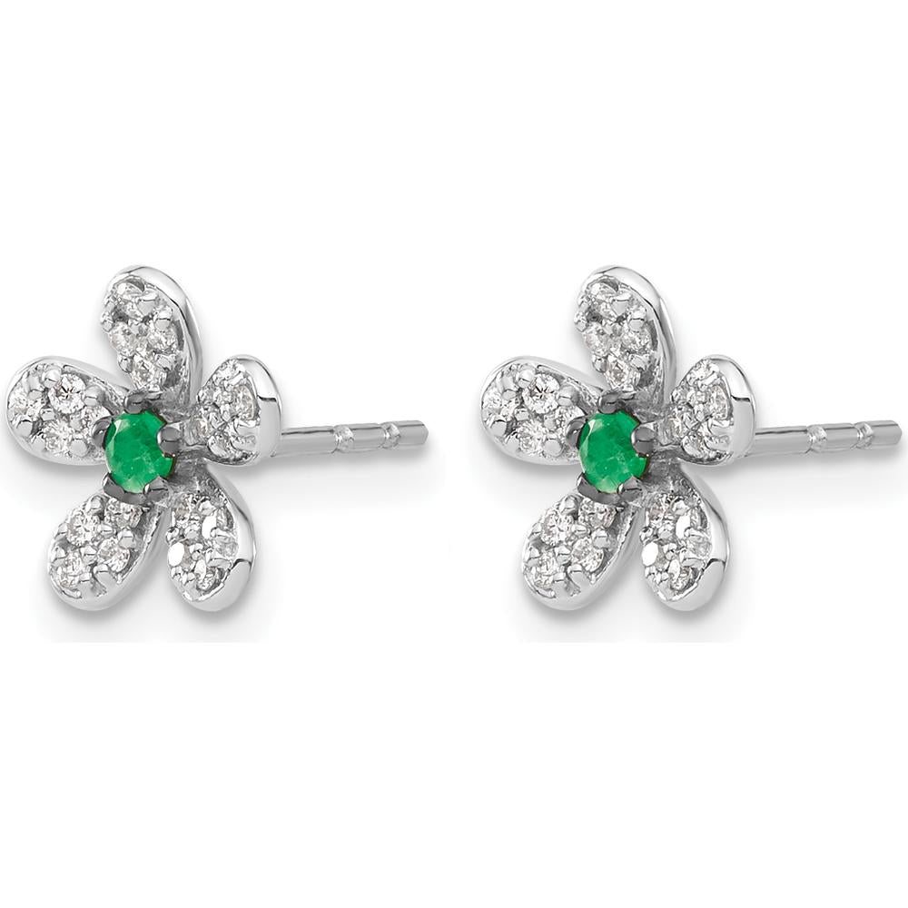 14K White Gold Diamond and Emerald Flower Earrings - 0.14 Carats Total Diamond Weight, 0.08 Carats Total Emerald Weight by Monteluci Fine Jewelry