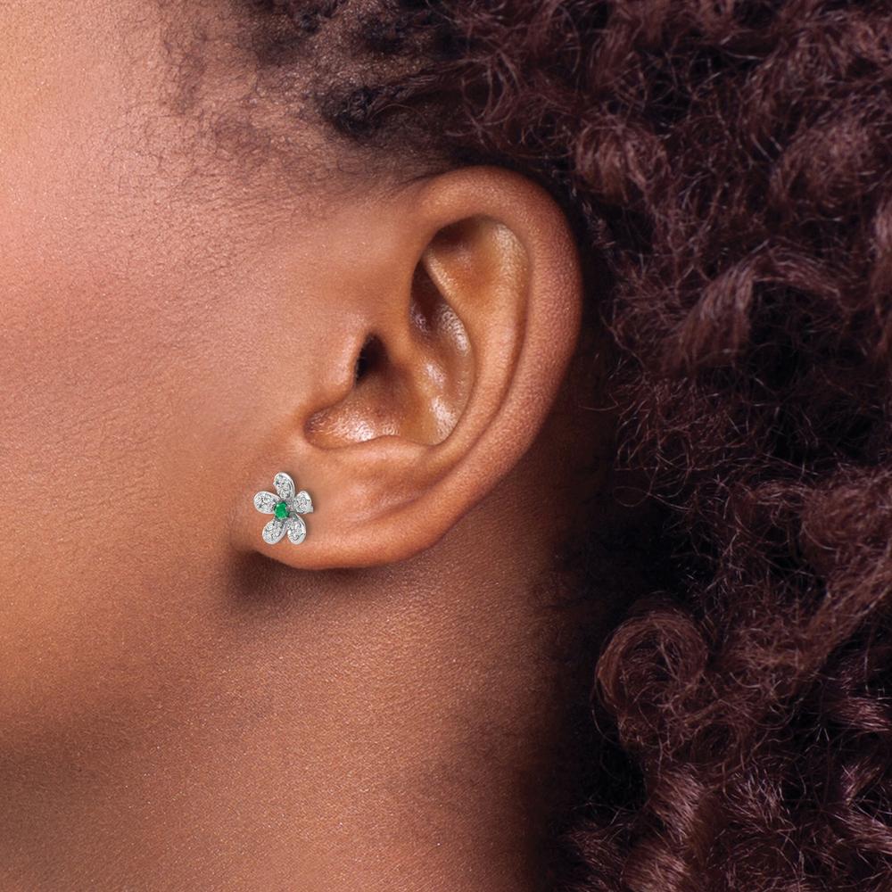 14K White Gold Diamond and Emerald Flower Earrings - 0.14 Carats Total Diamond Weight, 0.08 Carats Total Emerald Weight by Monteluci Fine Jewelry