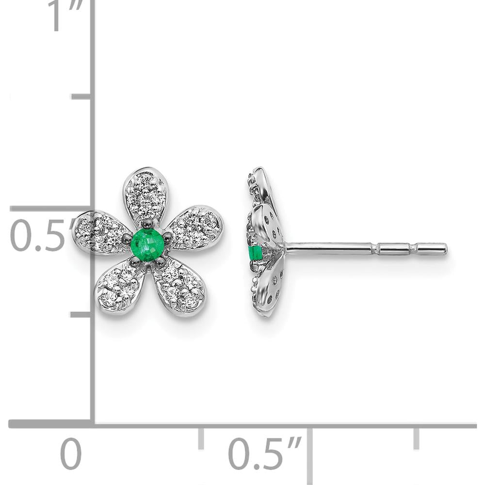 14K White Gold Diamond and Emerald Flower Earrings - 0.14 Carats Total Diamond Weight, 0.08 Carats Total Emerald Weight by Monteluci Fine Jewelry
