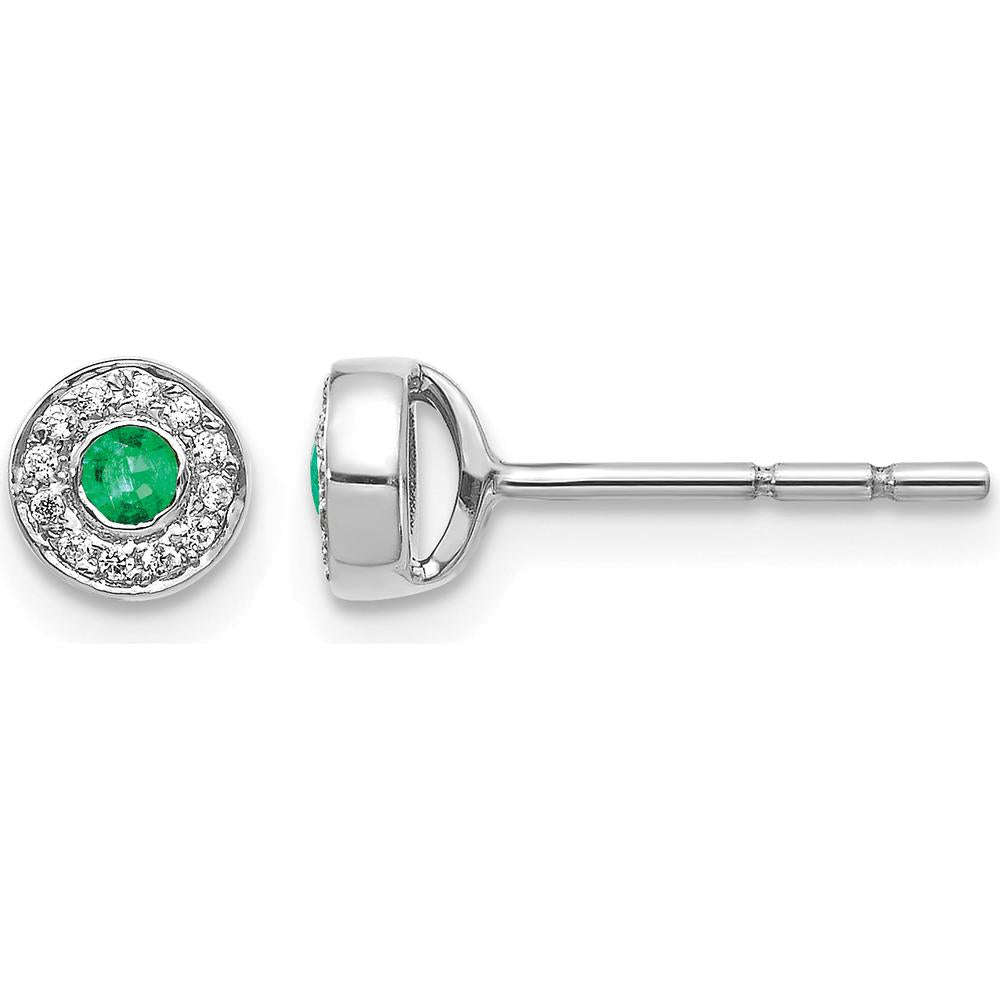 14K White Gold Diamond and Emerald Halo Post Earrings - 0.055 Carat Total Emerald Weight, 0.070 Carat Total Diamond Weight by Monteluci Fine Jewelry