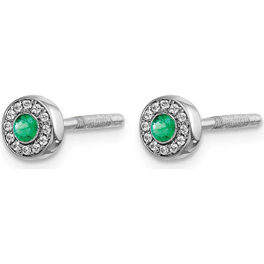 14K White Gold Diamond and Emerald Halo Post Earrings - 0.055 Carat Total Emerald Weight, 0.070 Carat Total Diamond Weight by Monteluci Fine Jewelry