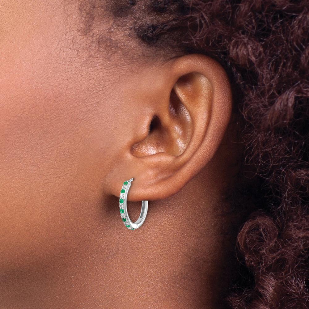 14K White Gold Diamond and Emerald Hinged Hoop Earrings - 0.04 Carat Total Diamond and Emerald Weight by Monteluci Fine Jewelry