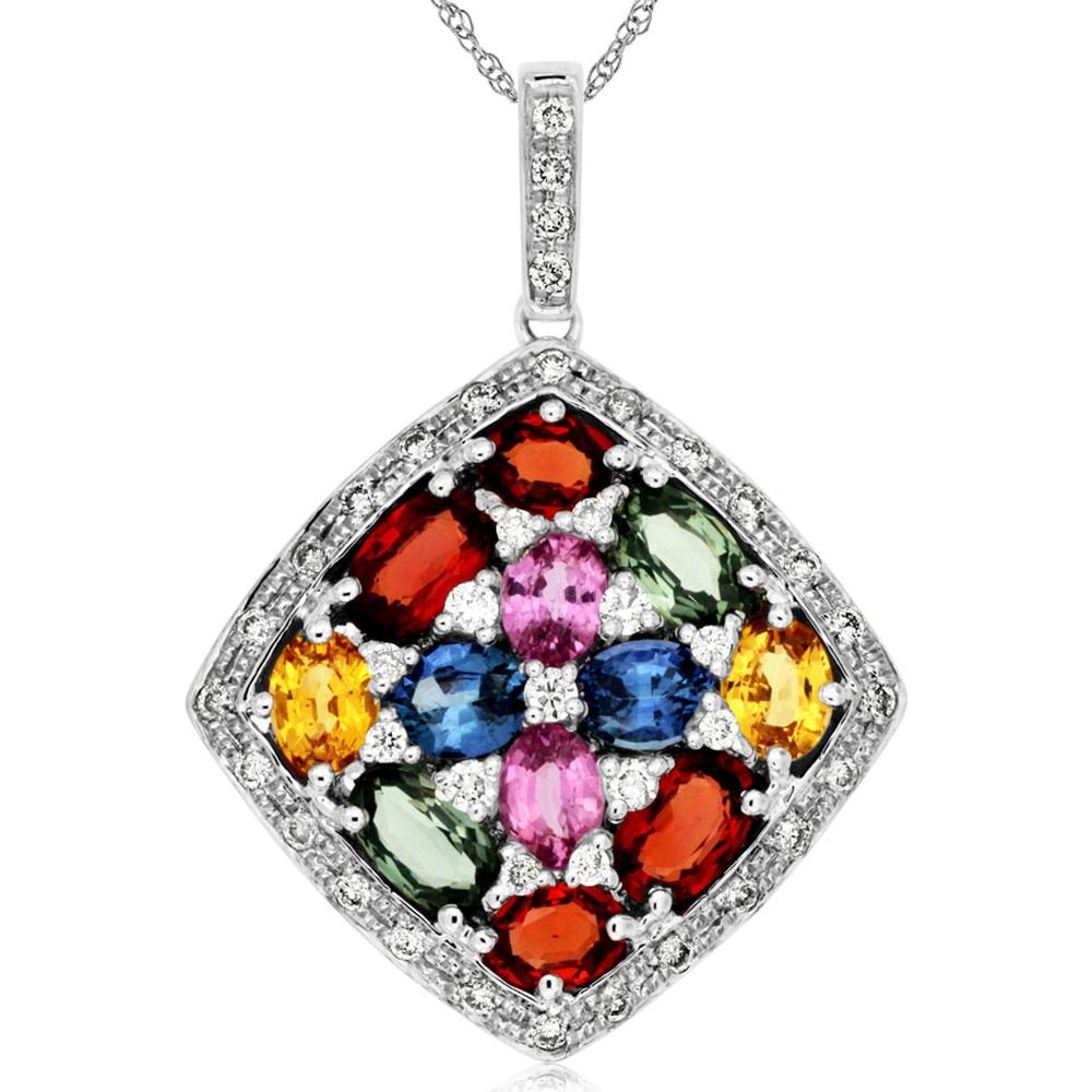 14K White Gold Diamond & Fancy Sapphire Pendant - 3.70 Carats Total Gemstone Weight