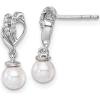 14K White Gold Diamond and Freshwater Cultured Pearl Dangle Earrings - 1/15 Carats Total Diamond Weight by Monteluci Fine Jewelry