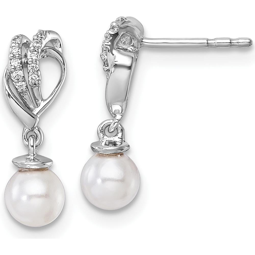 14K White Gold Diamond and Freshwater Cultured Pearl Dangle Earrings - 1/15 Carats Total Diamond Weight by Monteluci Fine Jewelry